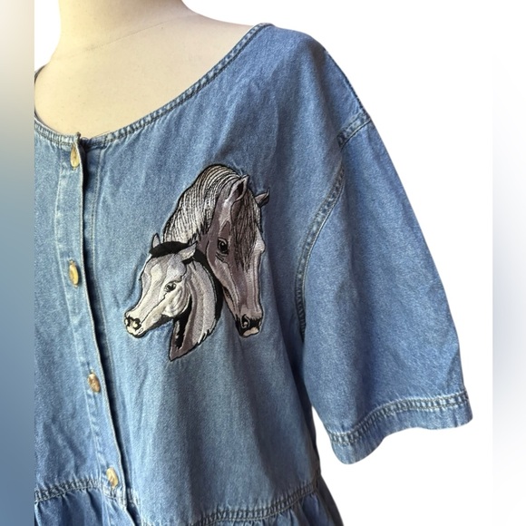 Vintage Dresses & Skirts - 1990s Haik’s Horse Embroidered Denim Dress‎